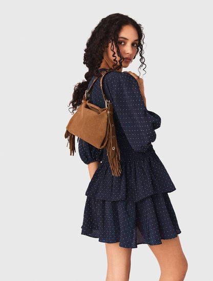 MJ Ruffle And Rhinestone Mini Dress in Navy Blue