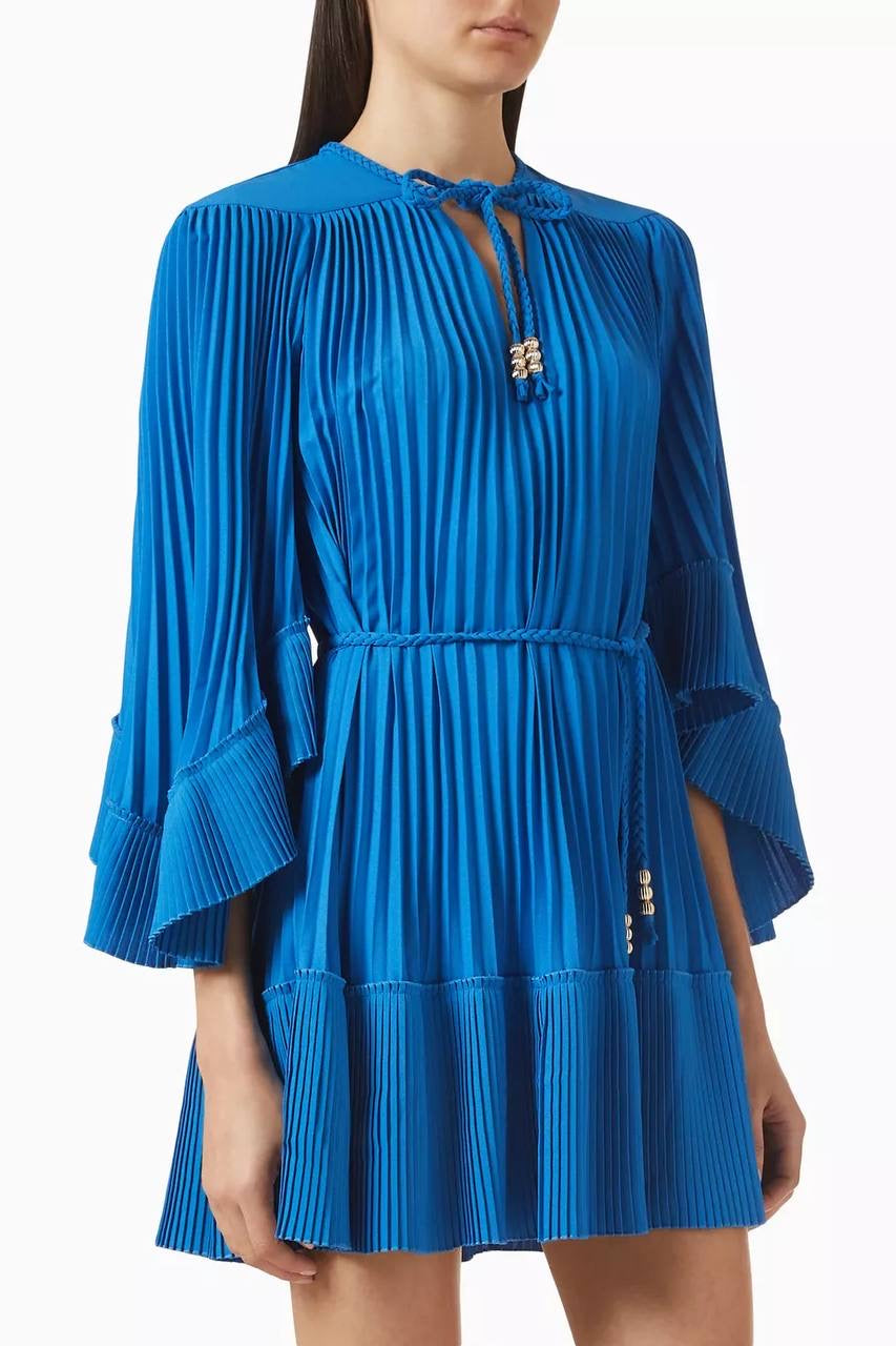 MJ Pleated Braided Drawstring Bell-sleeve Mini Dress