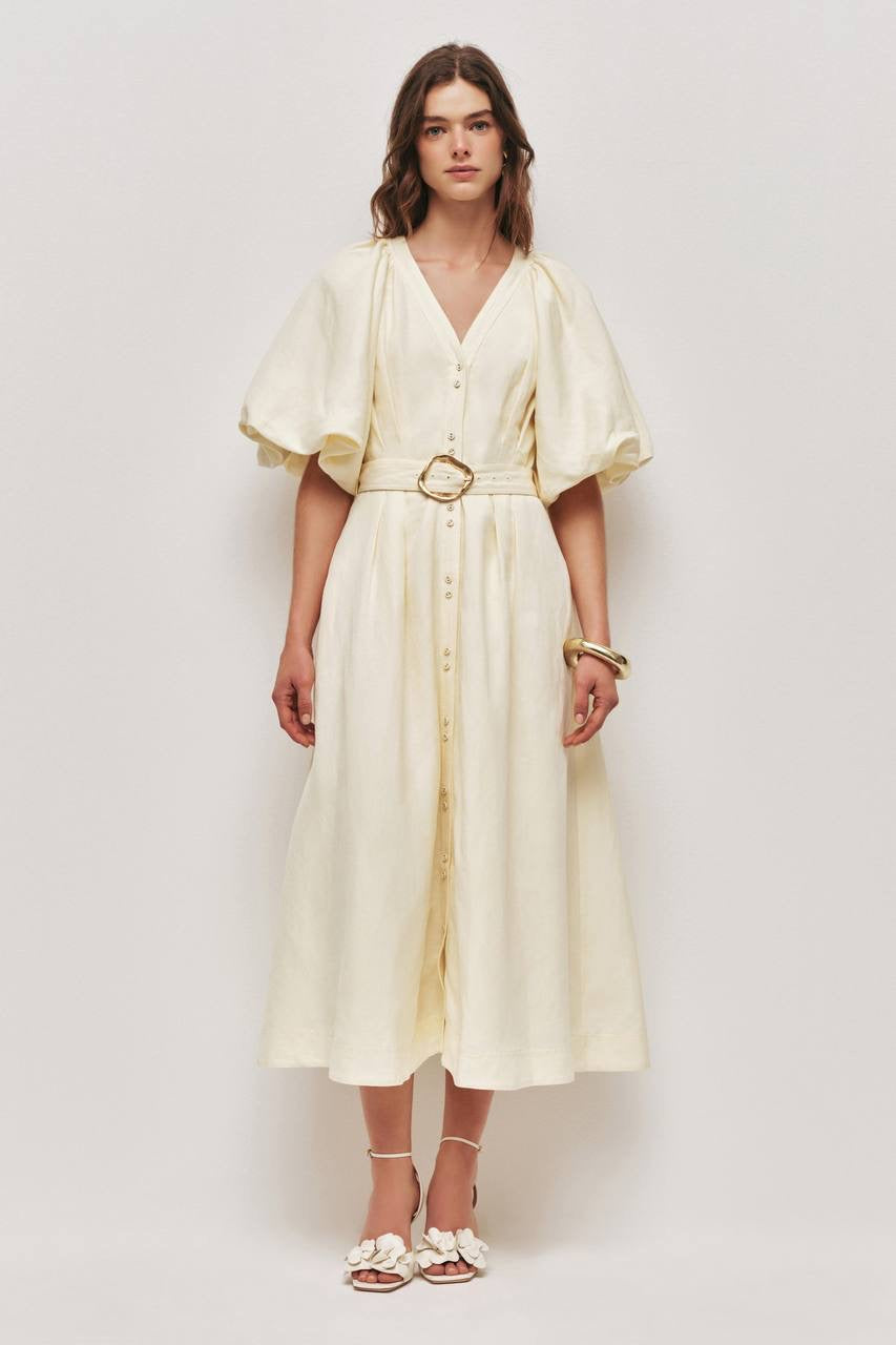 AJ Portrait Puff Sleeve Linen-blend Midi Dress