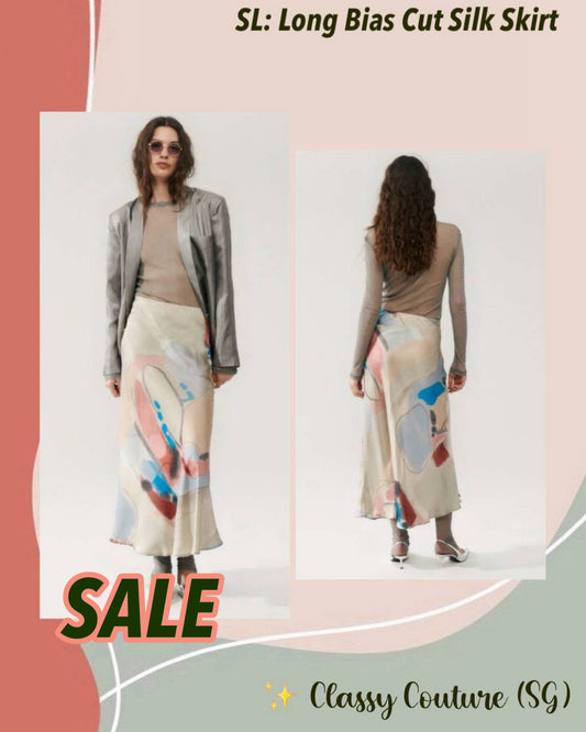 SALE! SL Long Bias Cut Silk Midi Maxi Skirt in Expressionist