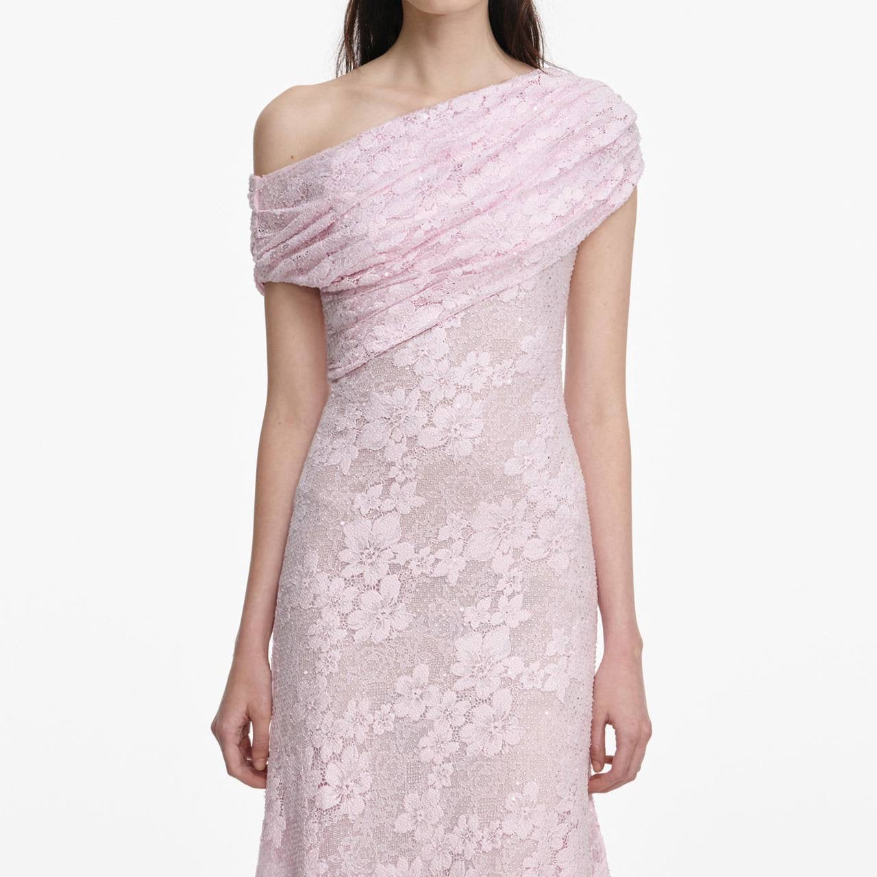 SP Pink Rhinestone Floral Lace Off Shoulder Midi Dress