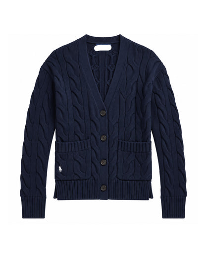 Cable-Knit Cotton V-neck Pocket Relaxed Cardigan