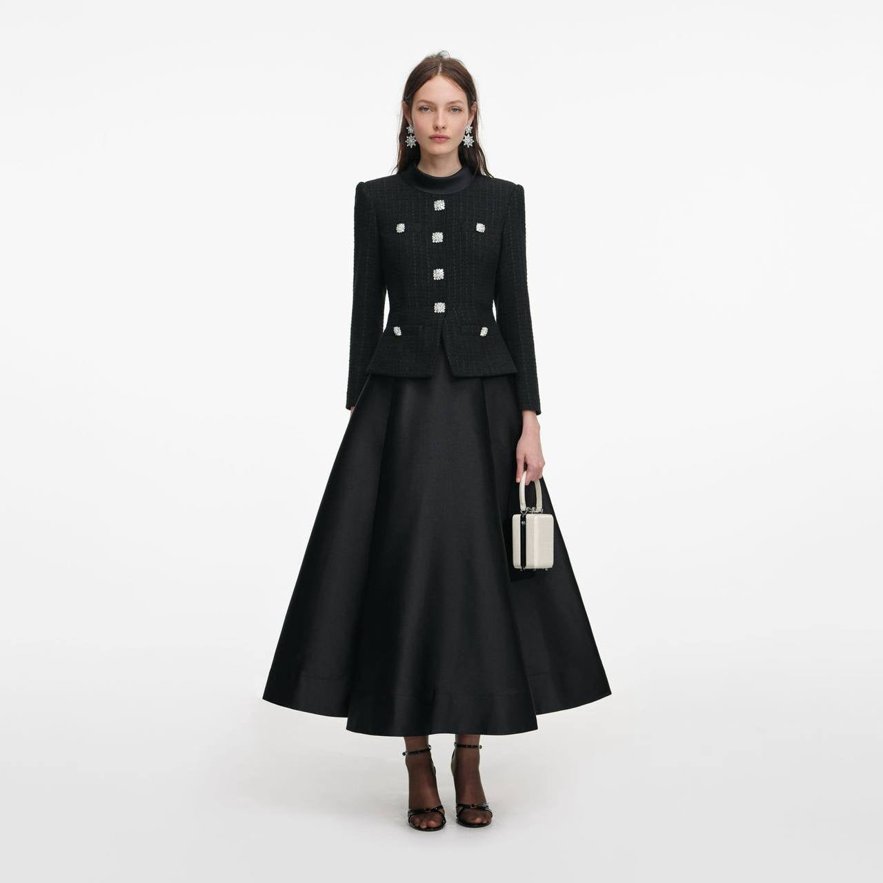 SP Black Boucle Taffeta Long Sleeved Midi Dress