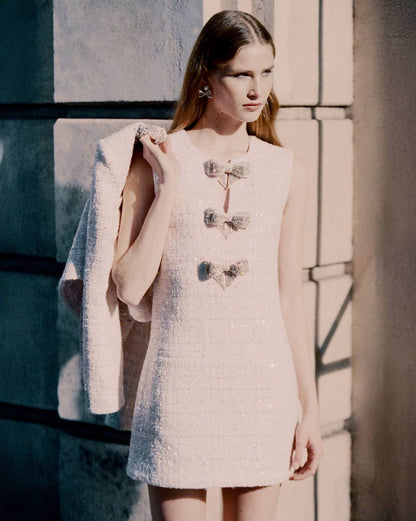 SP Pink Sequin Boucle Jacket | Bow Sleeveless Shift Mini Dress | Set