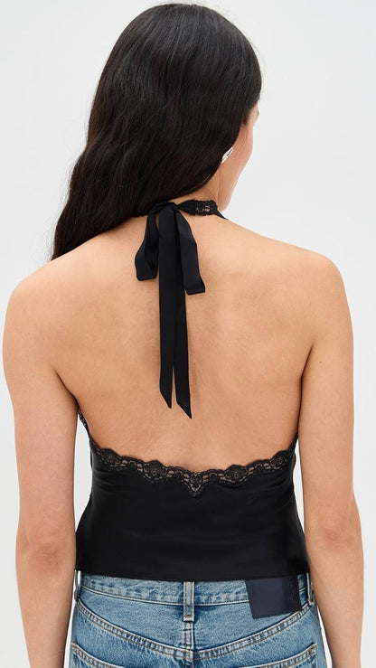 6 Colors! Ref Monica Silk Halter Lace Trim Top