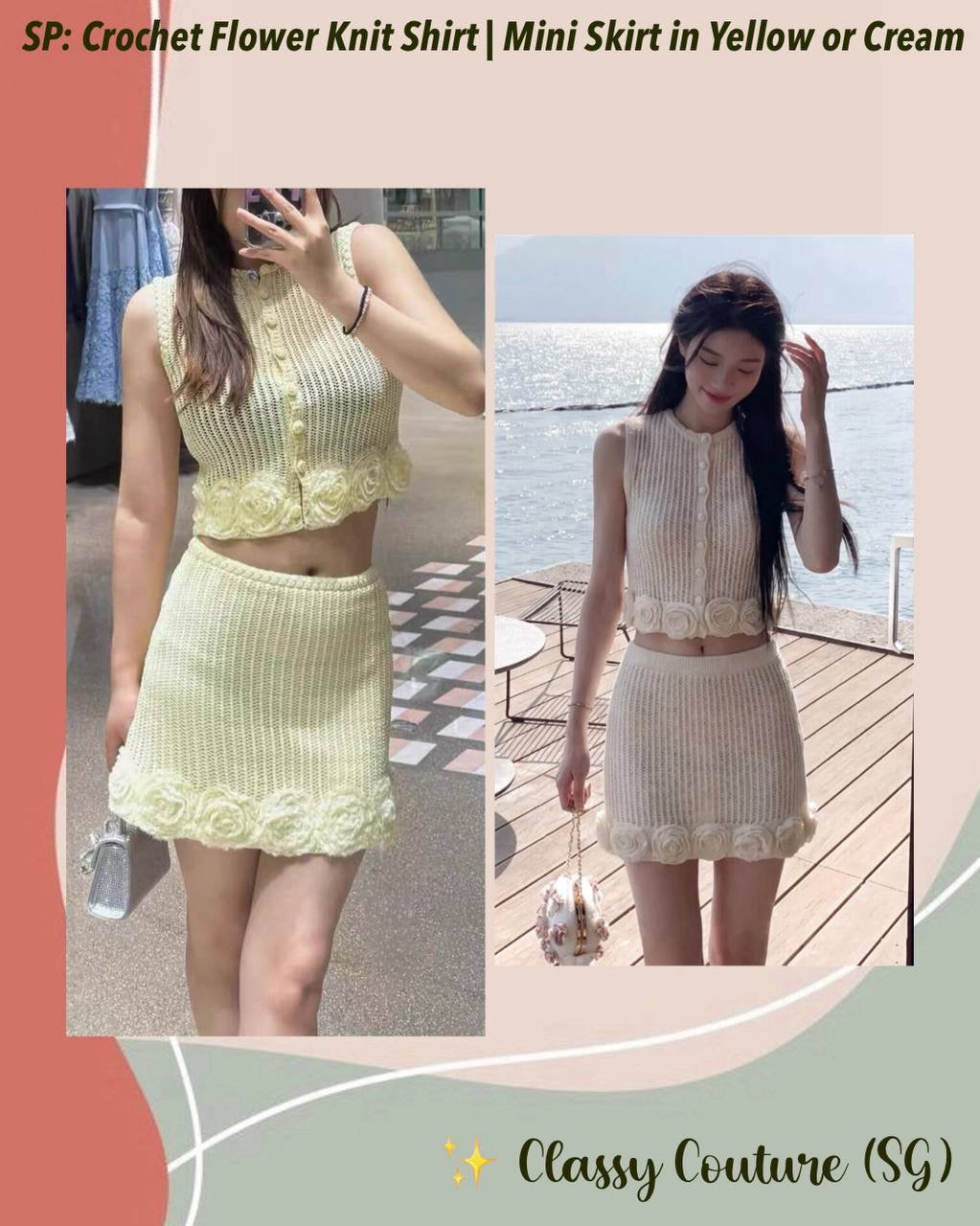 SP Crochet Flower Knit Shirt | Mini Skirt