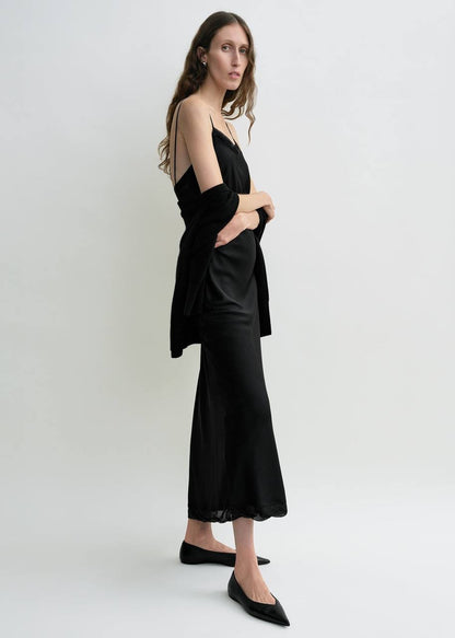 Tot Satin Silk Slip Midi Dress with tulle trims