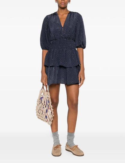 MJ Ruffle And Rhinestone Mini Dress in Navy Blue