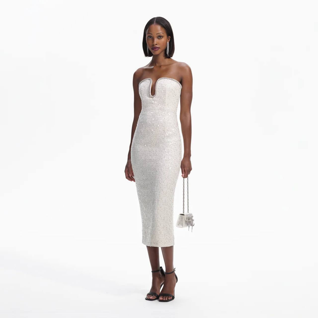 SP Cream Sequin Boucle Strapless Midi Dress