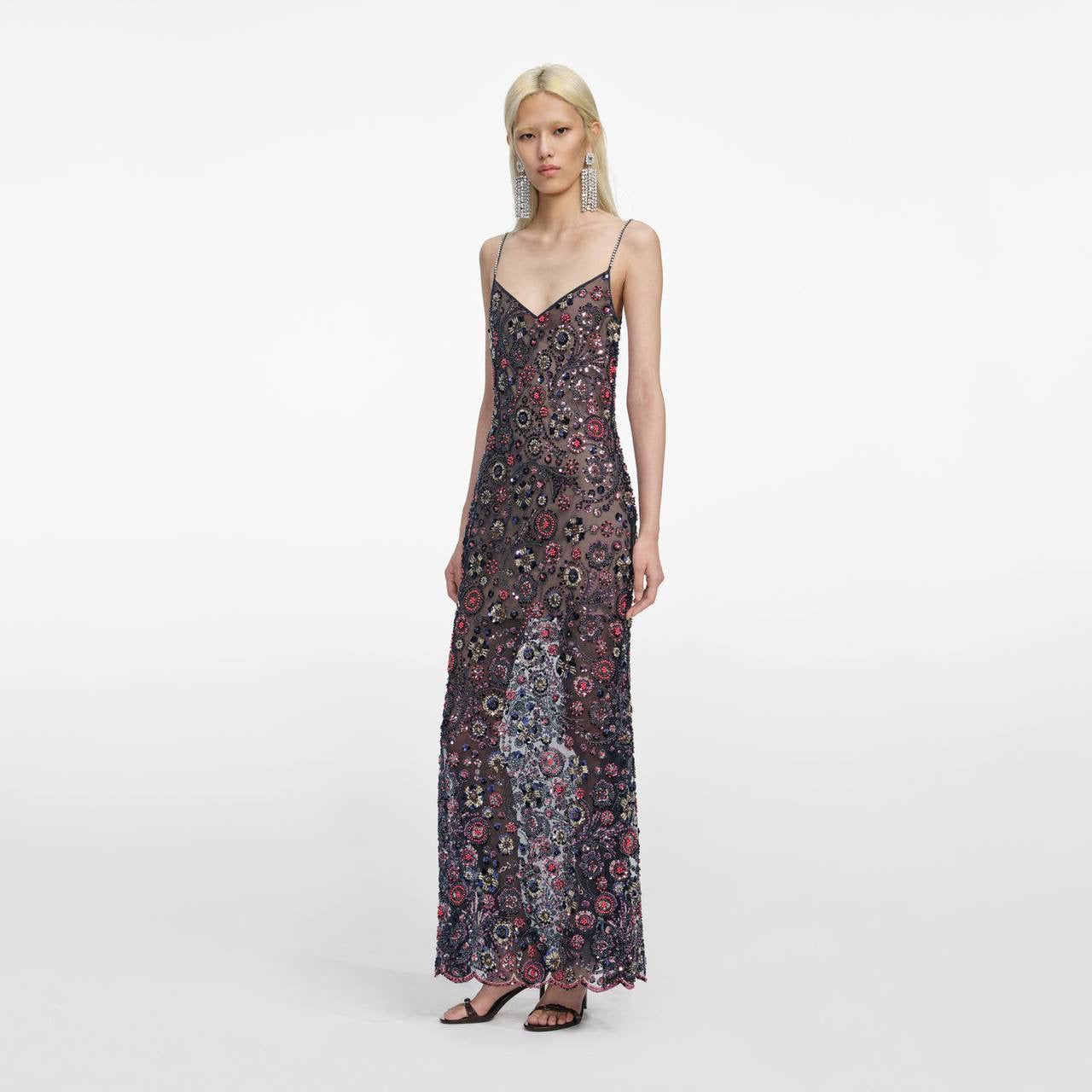 SP Navy Floral Sequin Strappy Maxi Dress