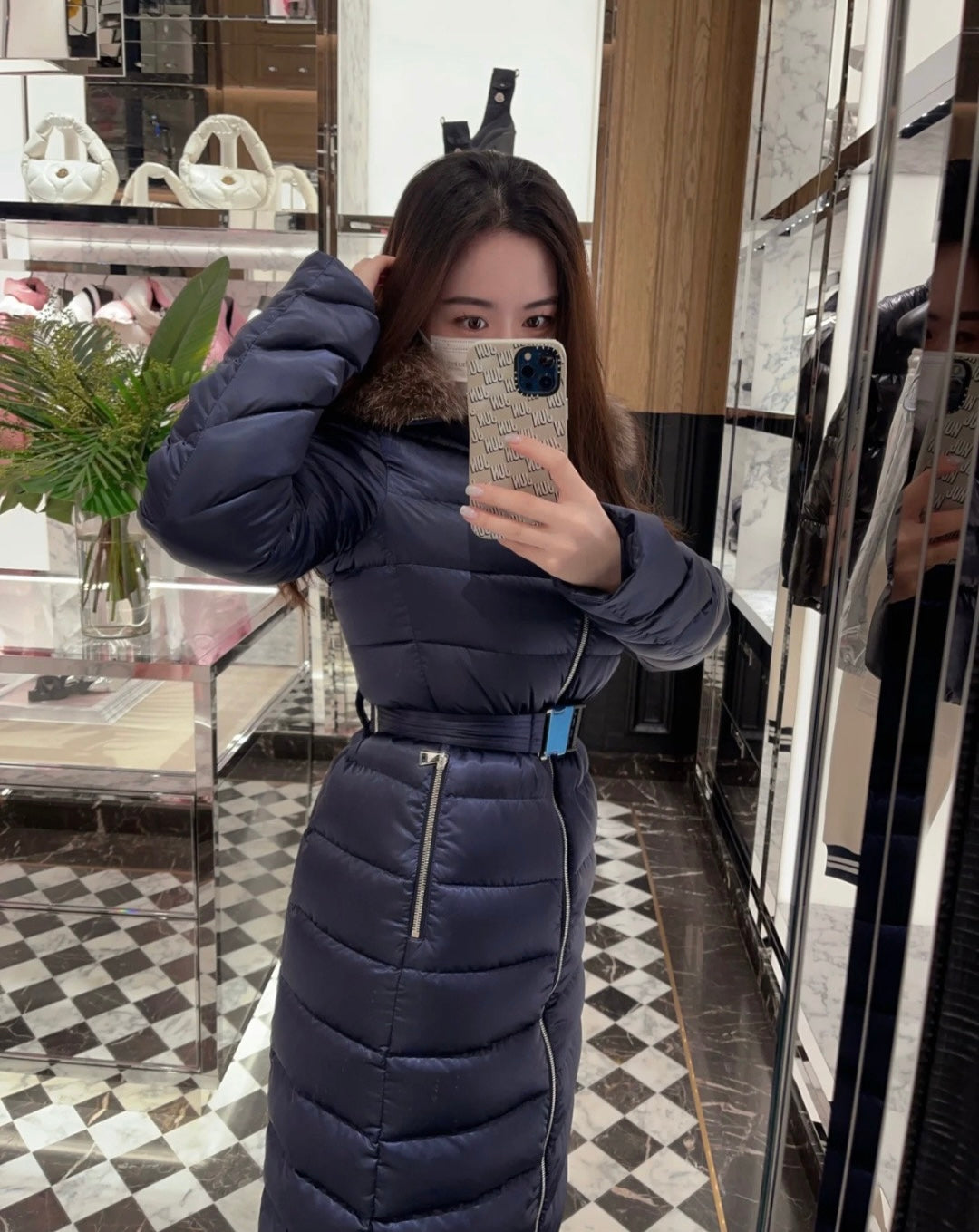 MC Leersie Hooded Shearling-Trimmed Long Down Jacket Coat in Navy Blue