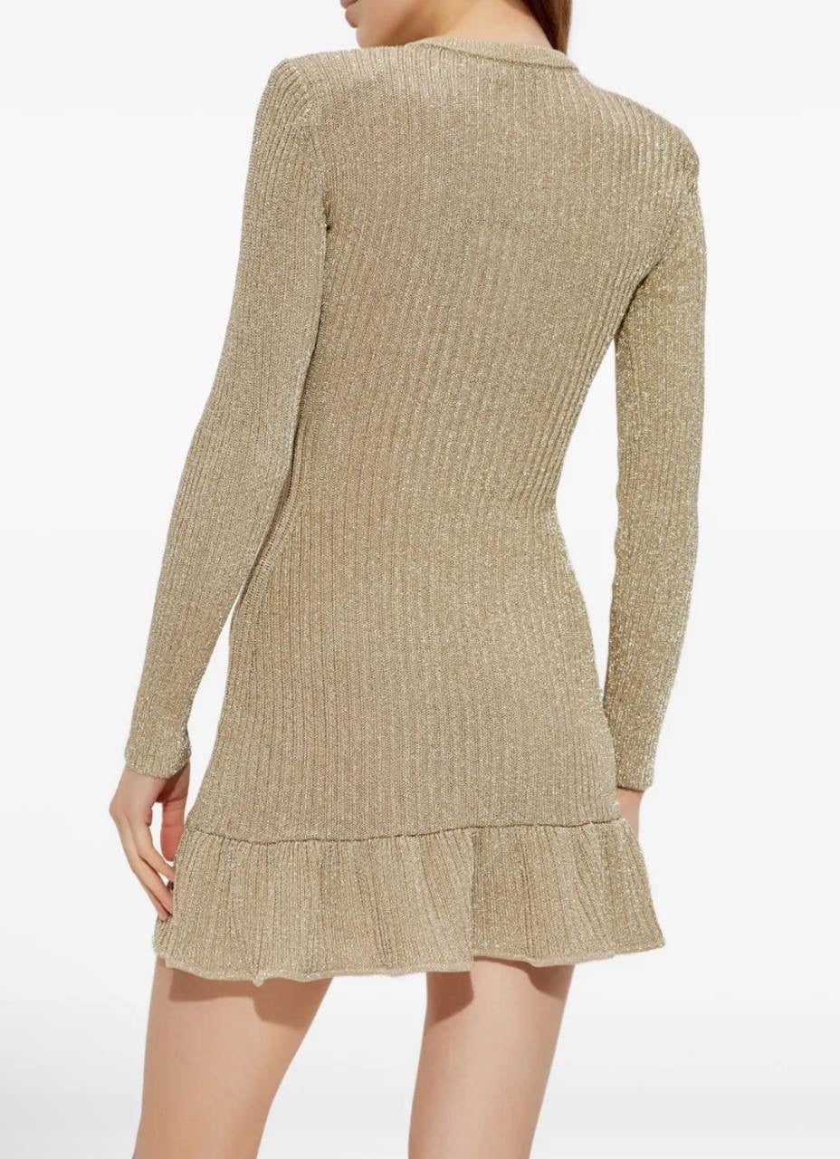SP Gold Lurex Ribbed Knit Long Sleeved Top | Ruffle Hem Mini Dress