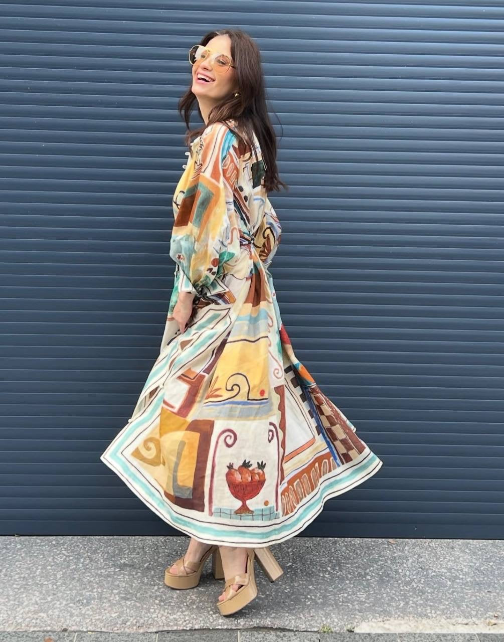 ALM Michelle Long-Sleeve Linen Shirtdress Midi Dress