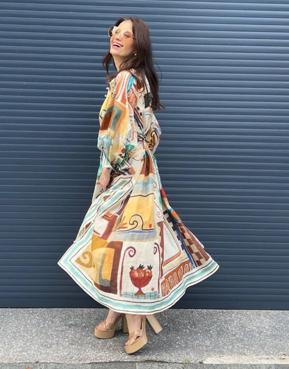 ALM Michelle Long-Sleeve Linen Shirtdress Midi Dress