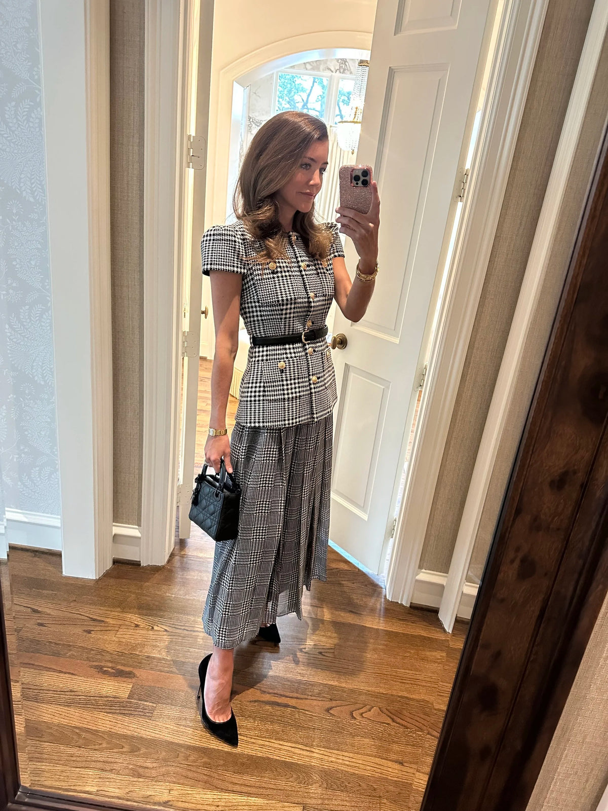 Grey Houndstooth Pleated Short Sleeve Tailored Midi Dress
