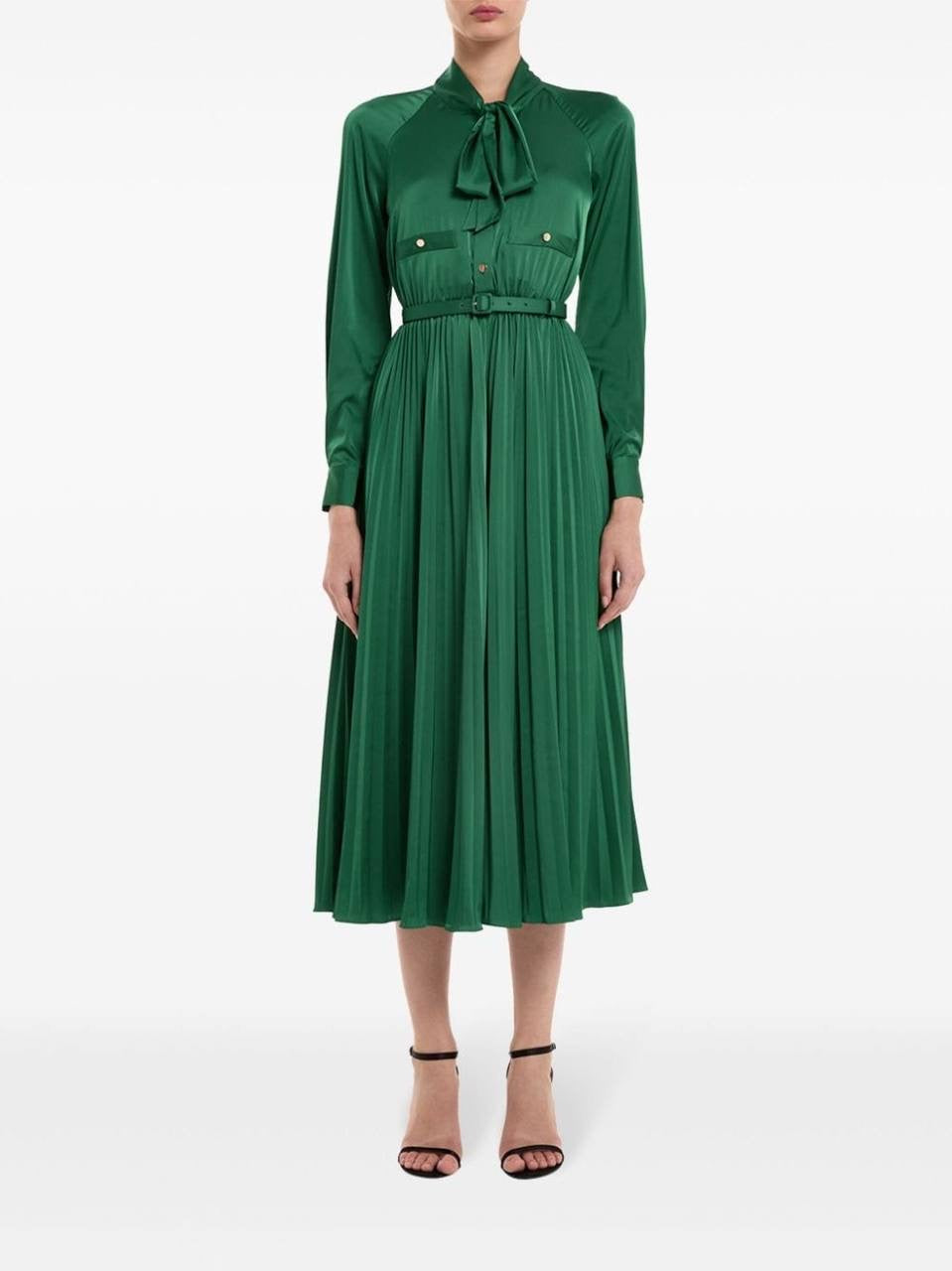 SP Green Satin Pussybow Pleated Midi Dress