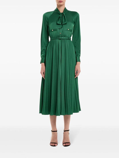 SP Green Satin Pussybow Pleated Midi Dress