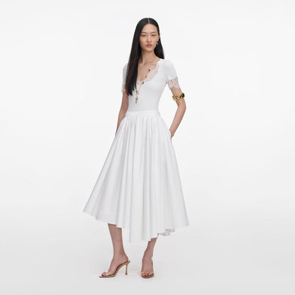 SP White Pointelle Short-Sleeve Sweater Top | Midi Skirt | Set