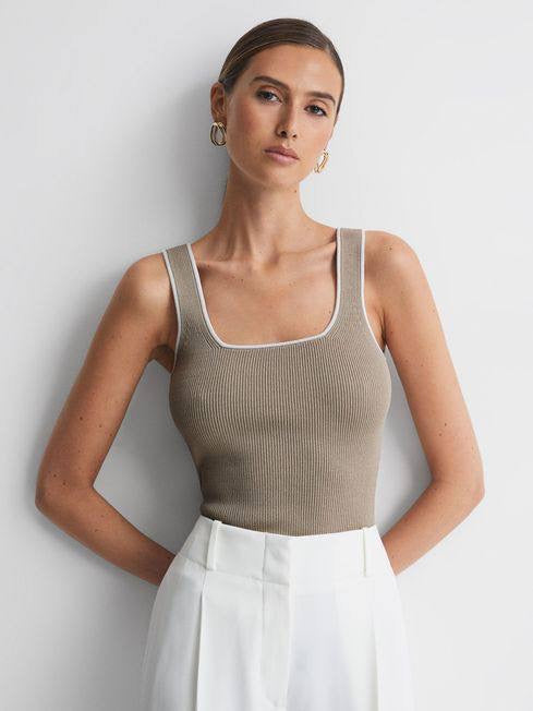 RS Ottilie Ribbed Square Neck Vest Top in Neutral Viscose Blend