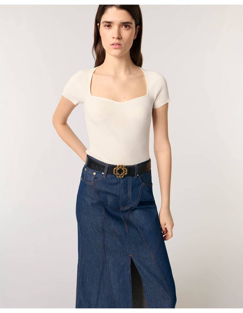 MJ Moka Rib Knit Sweetheart Shirt Top