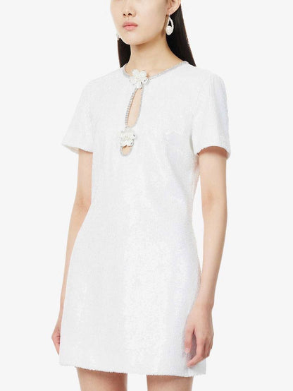 SALE! SP Jisoo White Sequin Embellished Floral Broach Keyhole Mini Dress