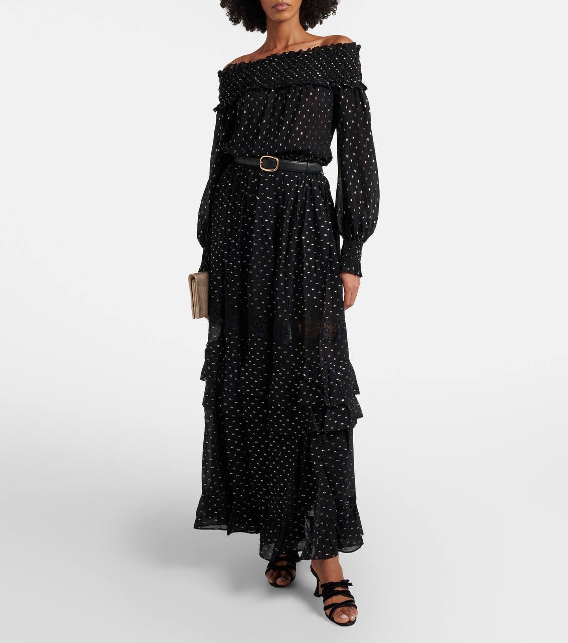 SP Black And Gold Chiffon Off Shoulder Top | Tiered Maxi Skirt | Set