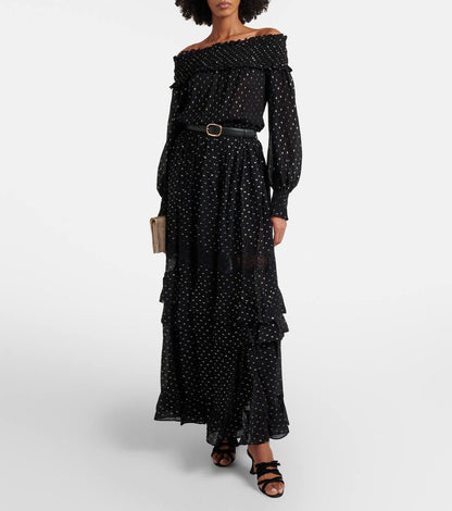SP Black And Gold Chiffon Off Shoulder Top | Tiered Maxi Skirt | Set