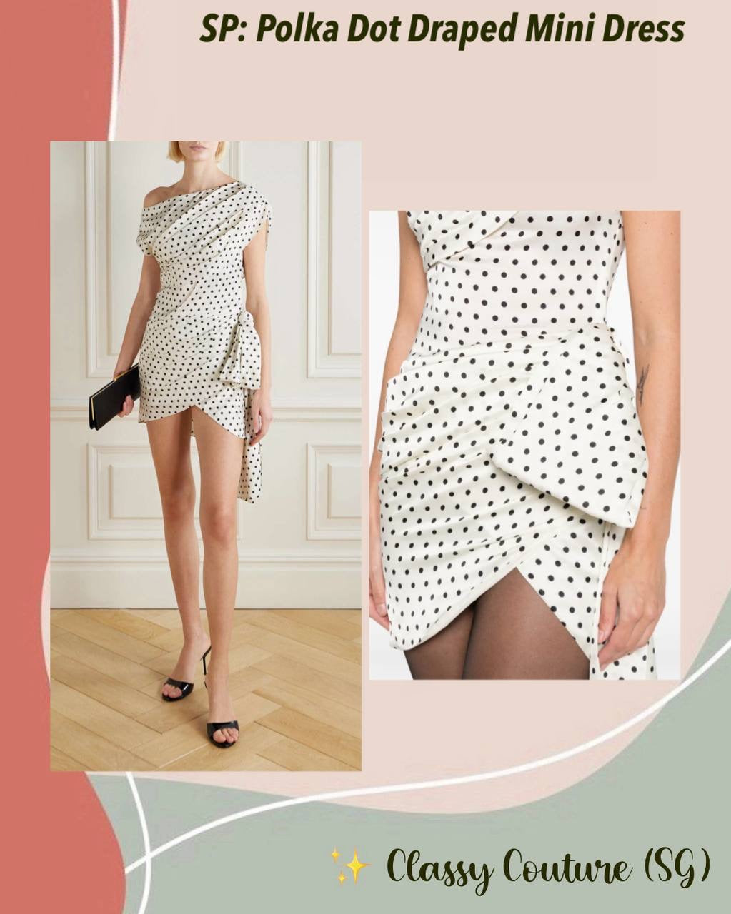 SP White Polka Dot Draped Satin One Shoulder Mini Dress