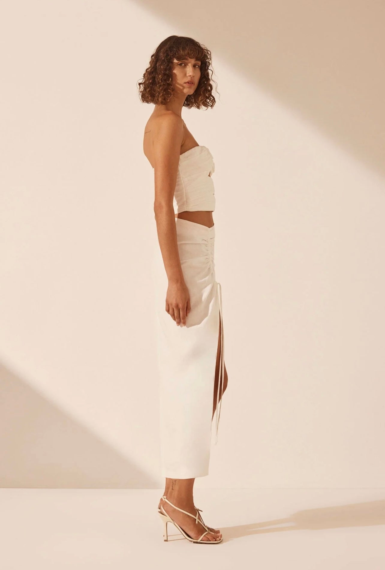 SJ Blanc Linen Strapless Cut Out Ruched Top | Drawstring Midi Skirt | Ivory Set