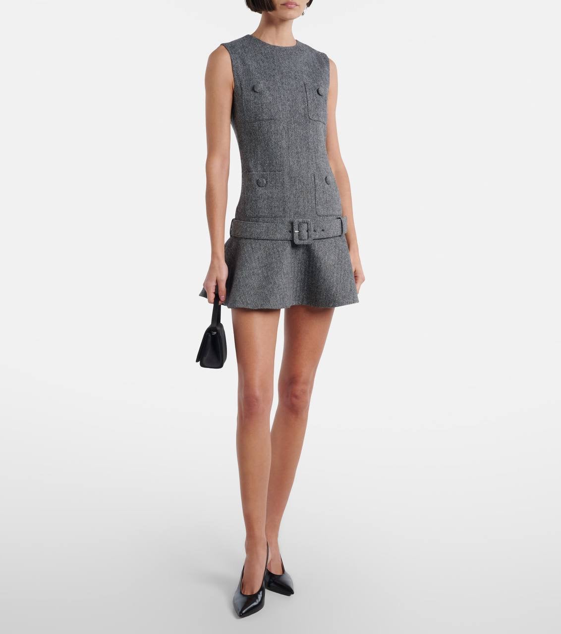 SP Grey Herringbone Belted Drop Waist Flared Mini Dress