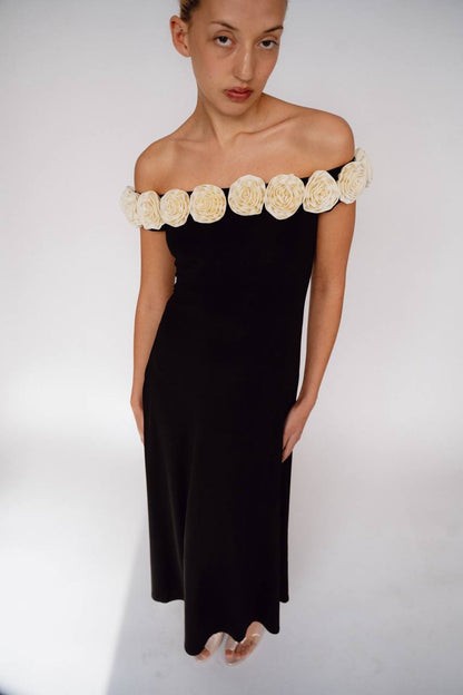 ML Gabrielle Off-Shoulder Top | Gabby 3D Rose Appliqué Maxi Dress