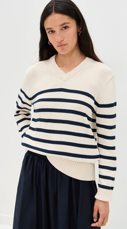 JK Cotton Kate V-Neck Pullover Sweater in Ivory/Navy Stripe