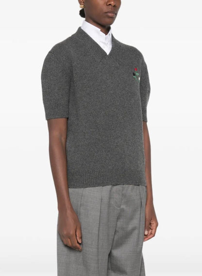 MM Grey Flower-Embroidered Short-Sleeve Wool-cashmere Jumper Top