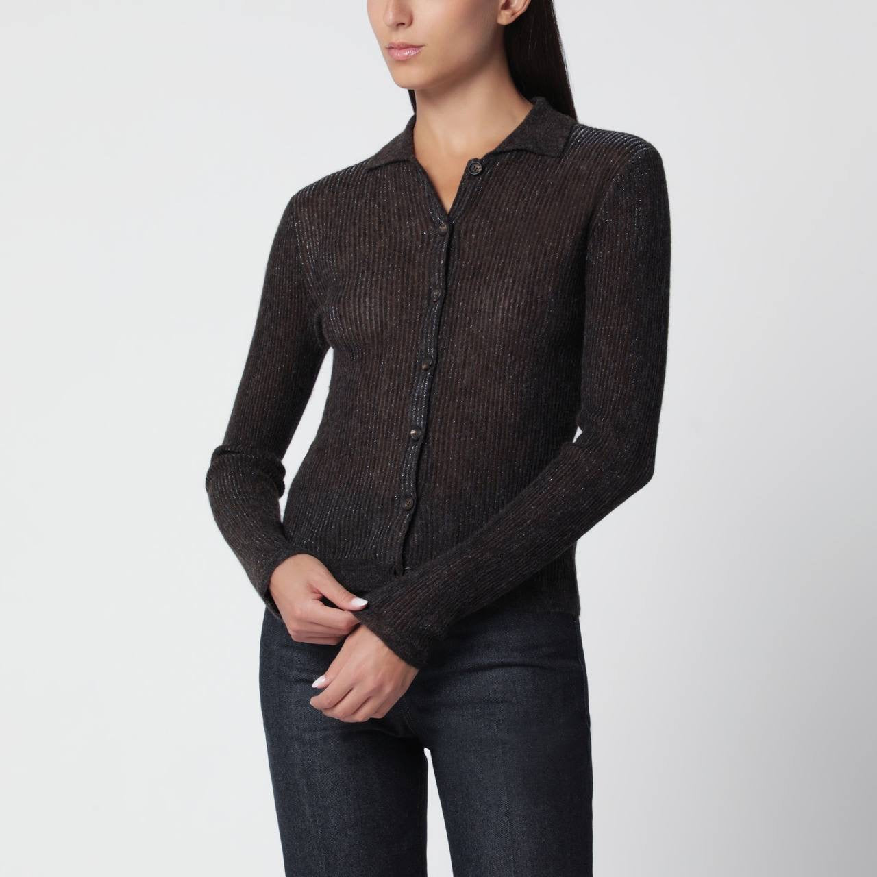 BC Sparkling Brown Ribbed Silk-Alpaca-Wool blend Cardigan