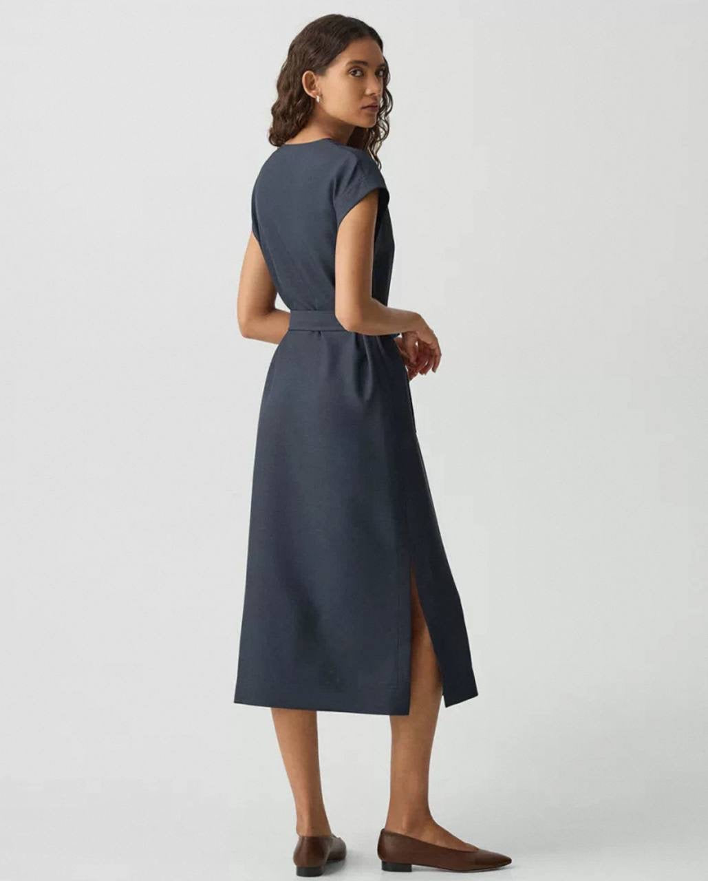 TH City Twill Cap Sleeve Belted Trapunto Midi Dress in Navy
