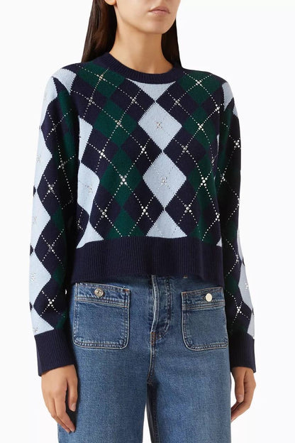 Argyle Diamond Jumper Sweater with Rhinestones & Wool Triangle Scarf | Green/Blue/Navy Set