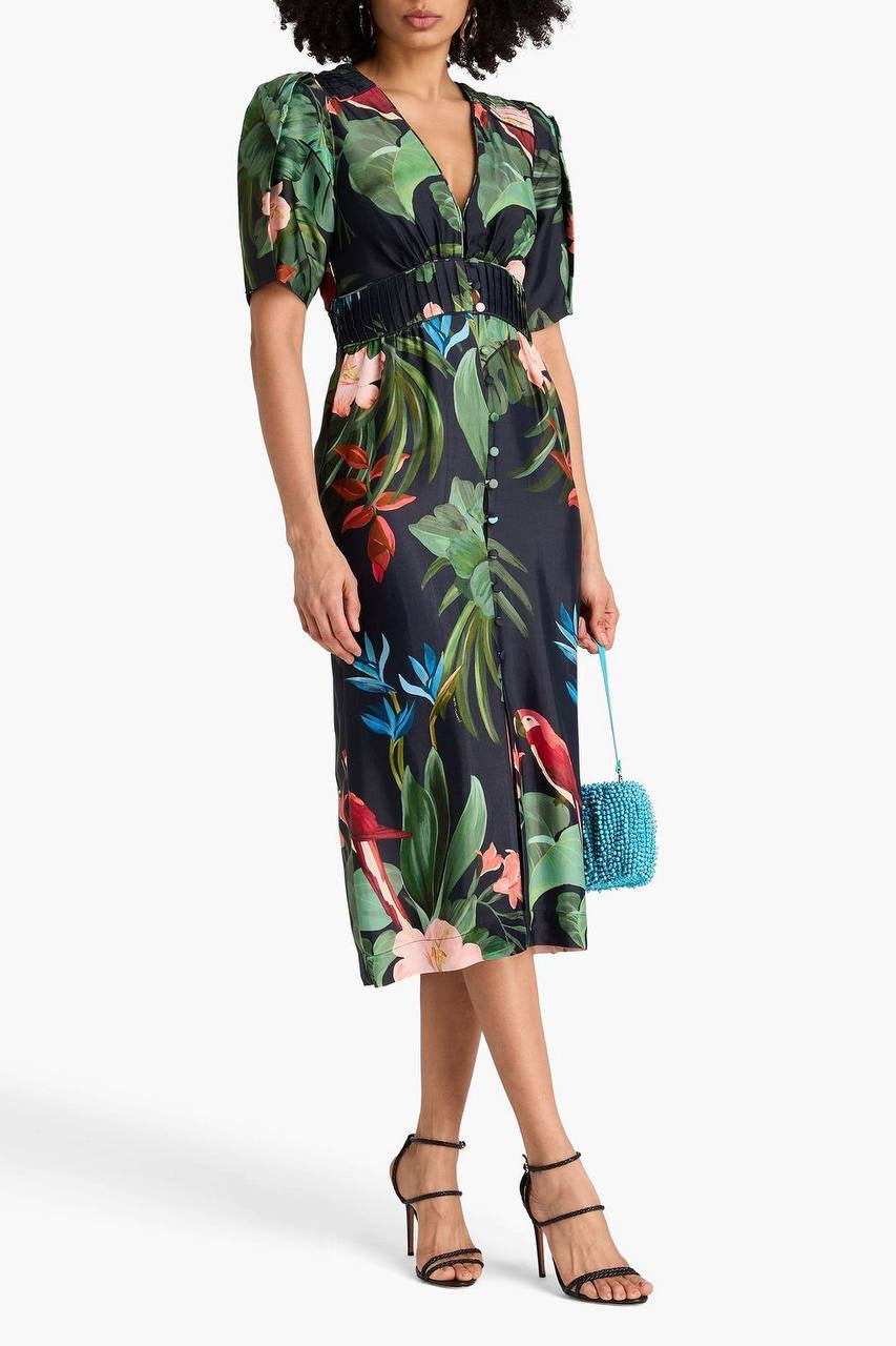 FR Leaf Green/Black Printed Viscose Twill Midi Dress