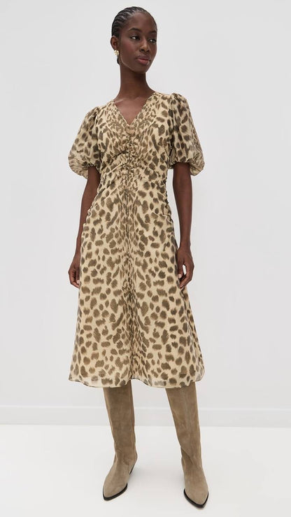 SE Claude Print Puff Sleeve Midi Dress
