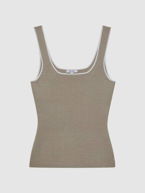 RS Ottilie Ribbed Square Neck Vest Top in Neutral Viscose Blend