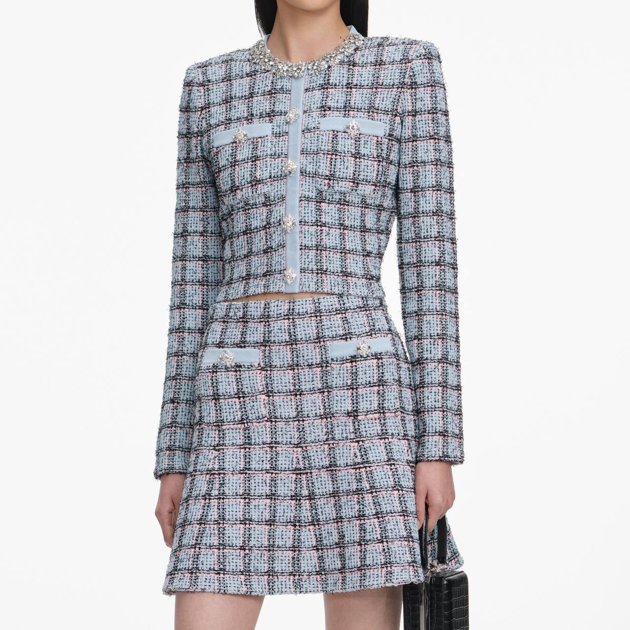 SP Blue Check Knit Cropped Cardigan | Mini Skirt | Set