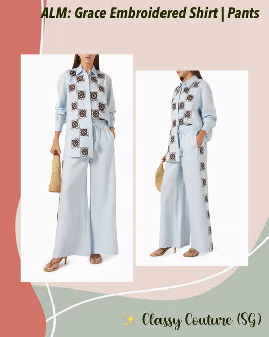 ALM025 Blue Checkerboard Tile Embroidered Shirt | Pants | Linen Set