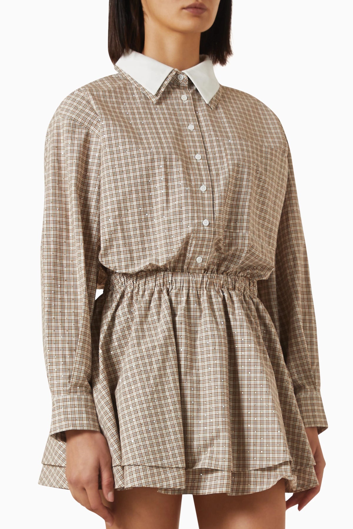 2 Colors! MJ Ritilona Rhinestone Checked Cotton Mini Dress Shirtdress Romper Playsuit (removable contrast collar)
