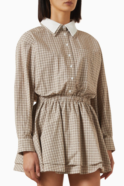 2 Colors! MJ Ritilona Rhinestone Checked Cotton Mini Dress Shirtdress Romper Playsuit (removable contrast collar)
