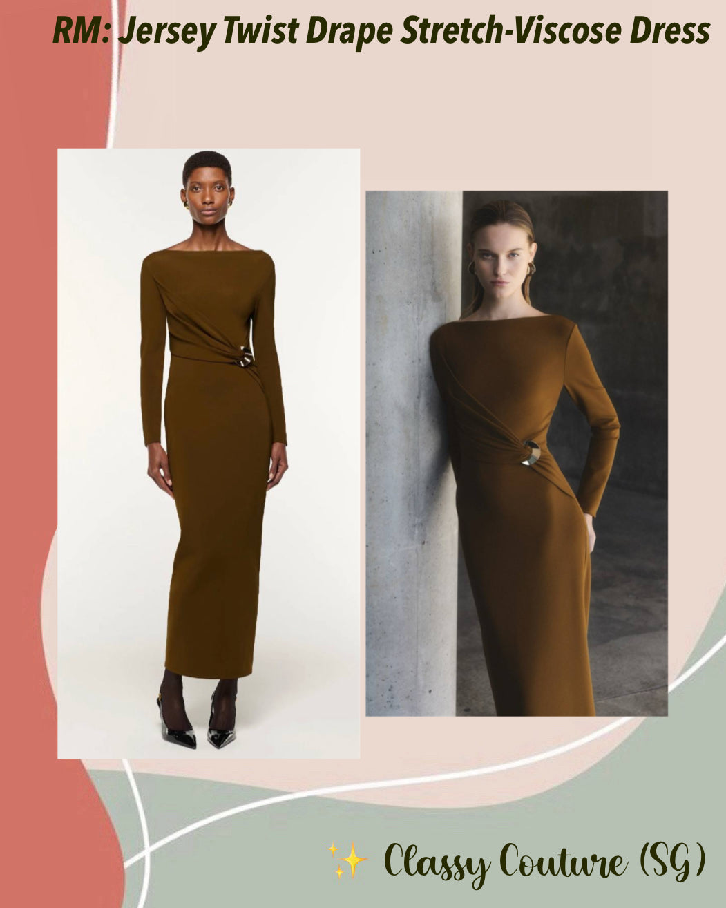 RM Khaki Jersey Twist Drape Metal Trim Stretch-Viscose Midi Dress