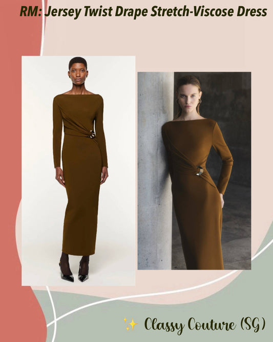 RM Khaki Jersey Twist Drape Metal Trim Stretch-Viscose Midi Dress