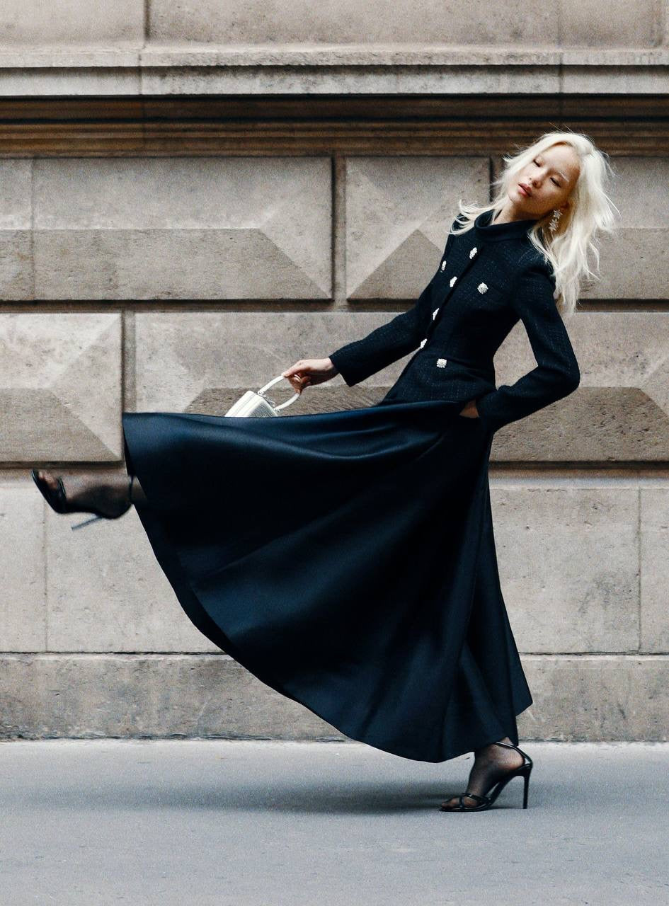 SP Black Boucle Taffeta Long Sleeved Midi Dress