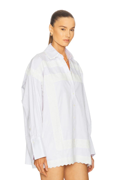 HS The Summer White Overshirt Oversized Shirtdress Shirt | White Shorts w Vintage Swiss Embroidery | Cotton Set