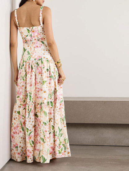 AB Lima Jardiniera Tiered Floral Linen Maxi Dress