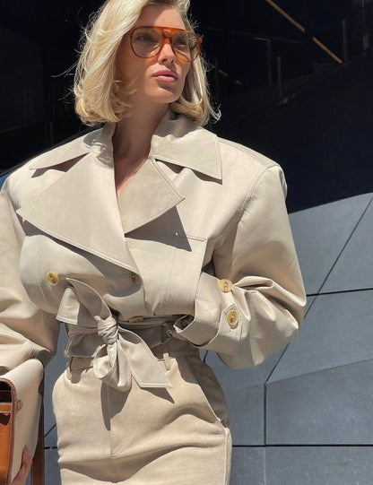 HS Oversized Cropped Trench Coat Jacket in Khaki