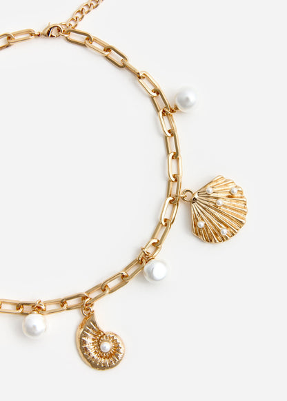 SP Gold-tone Pearl Short Shell & Long Coral Charm Necklace